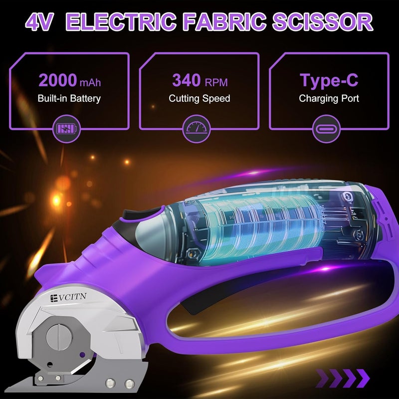Evcitn Cordless Electric Scissors,4V Rechargeable Cardboard & Carpet Cutter,Electric Self-Sharpening Rotary Cutter for Fabric,Heavy Duty Scissor with LED Light for Crafts Leather or Plastic Packages,Purple - Image 5